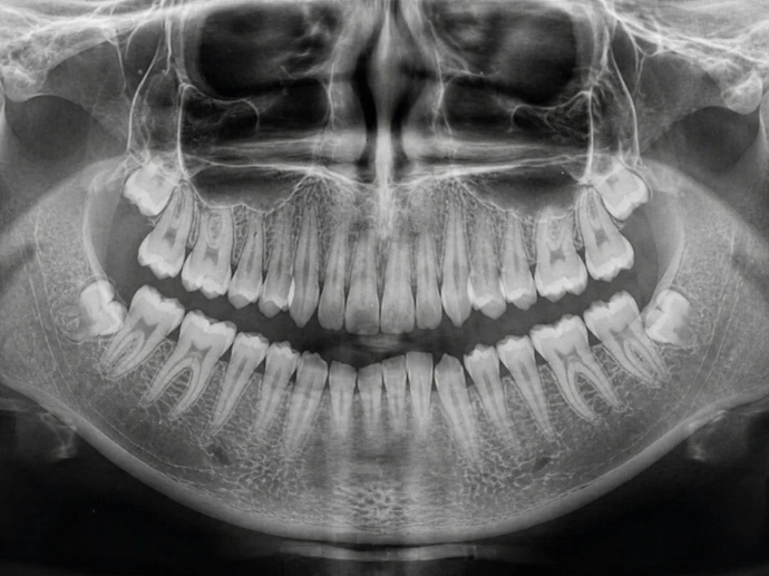 Panoramic dental x-ray showing teeth and jawbone